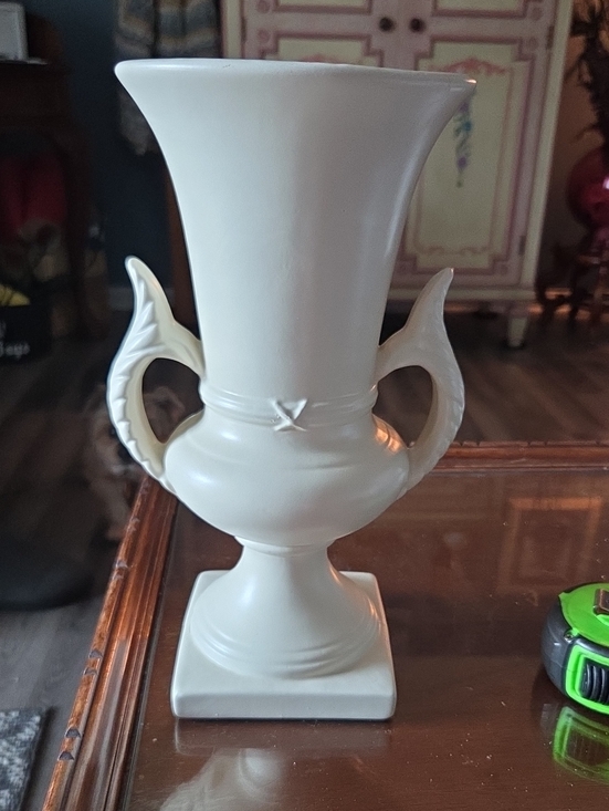 None Other - Art Deco Classic White Vase with Decorative Handles. 11 Inches Tall